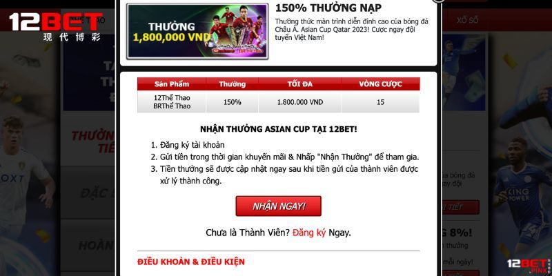 Tặng 150% khi nạp tiền Thể Thao 12BET lần đầu